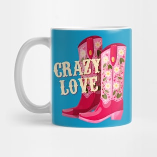 A pair of cowboy boots decorated with flowers and a hand lettering message Crazy Love. Valentine colorful hand drawn illustration in bright vibrant colors. Greeting card design. Mug